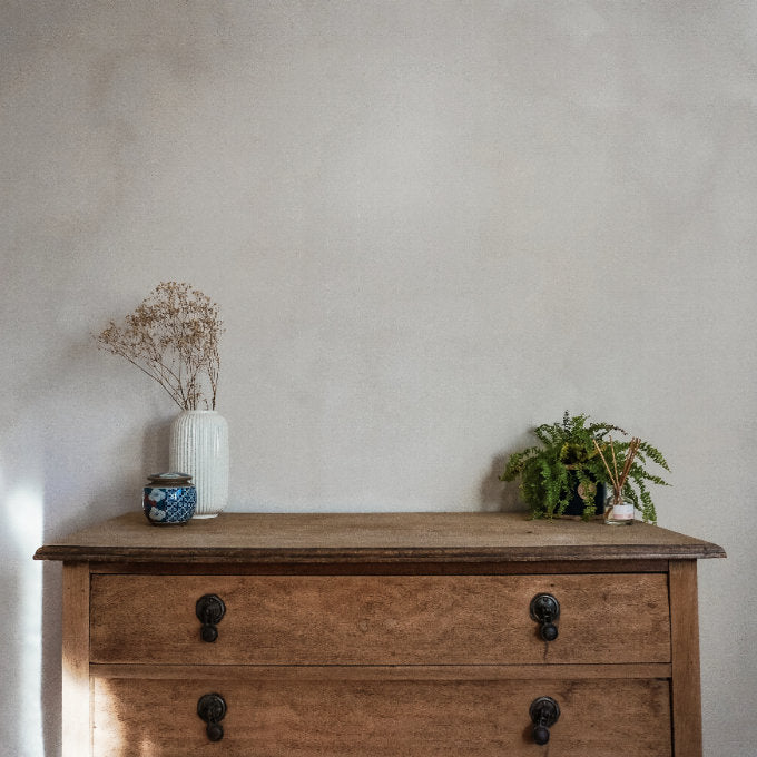 Painted wall with beige limewash paint, a wooden cupboard and dehydrated flowers