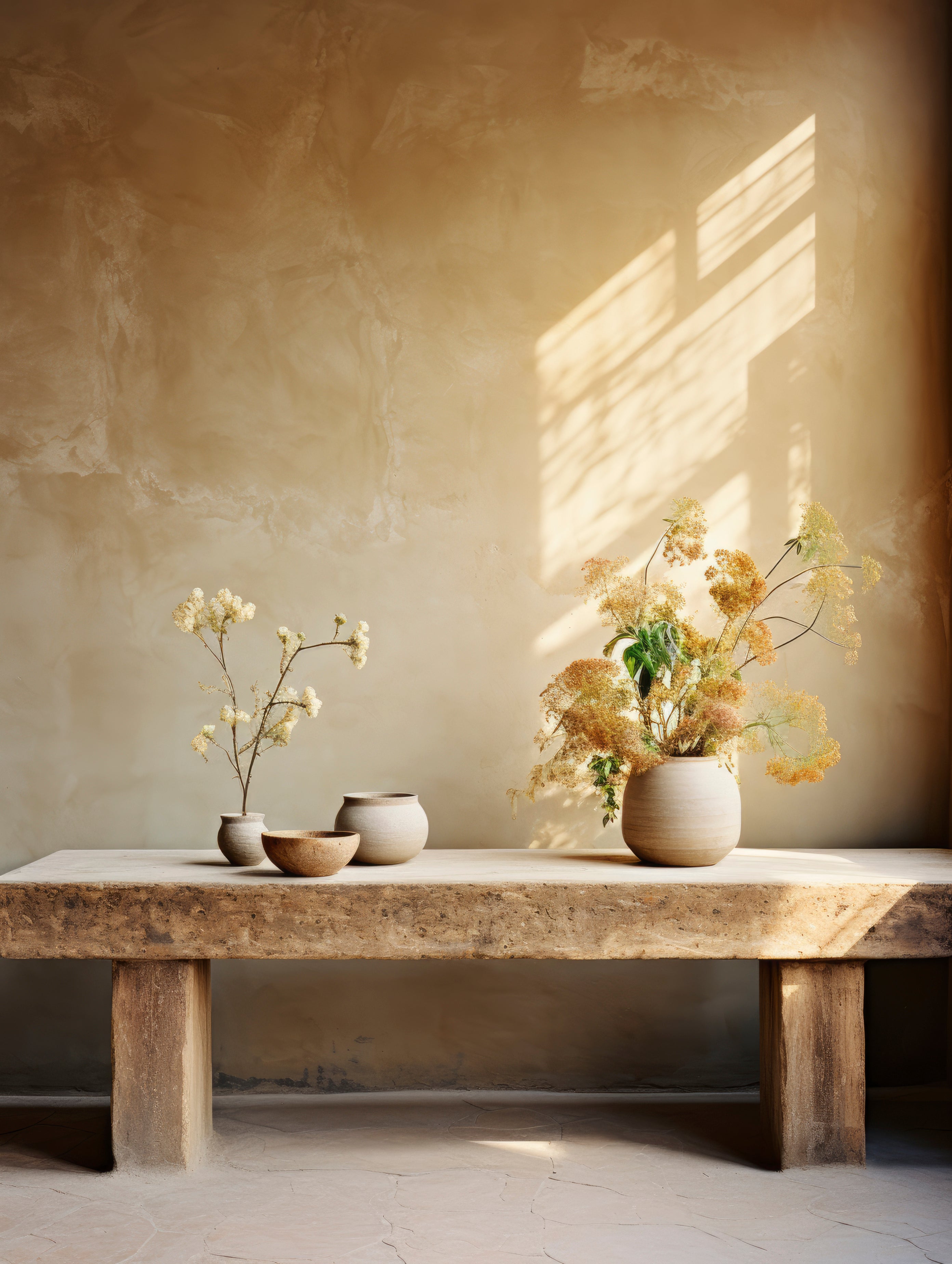 A wall and wooden bench in dappled light. On the bench are small pots of yellow flowers and the wall at the rear is painted with a warm, earthy tone of limewash paint.