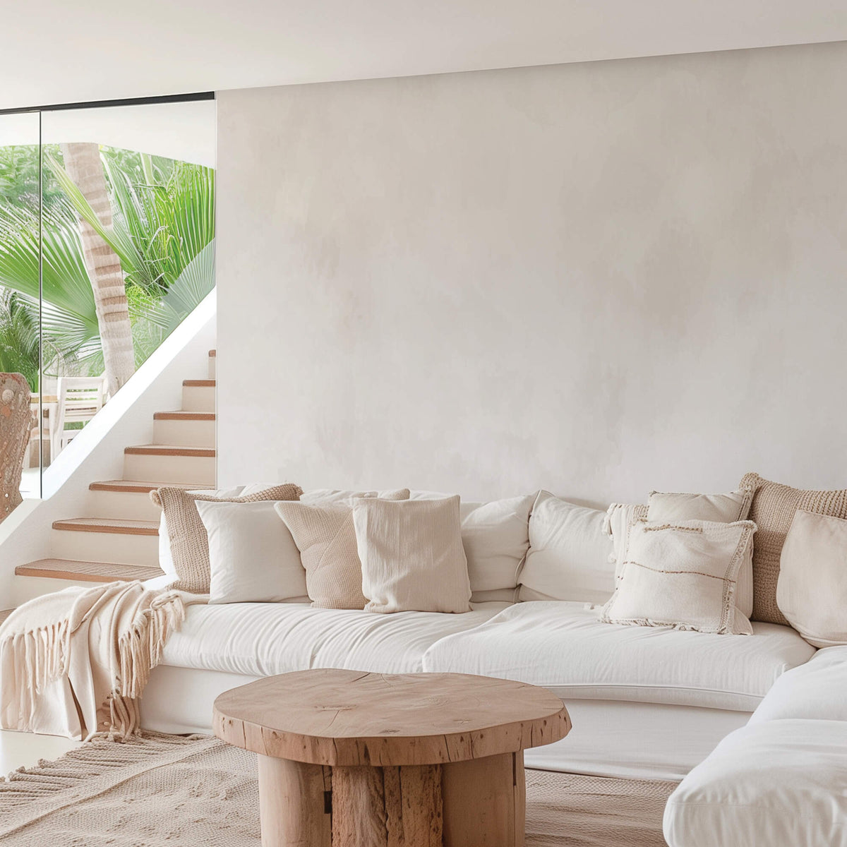 Bright airy neutral limewash in lounge room area