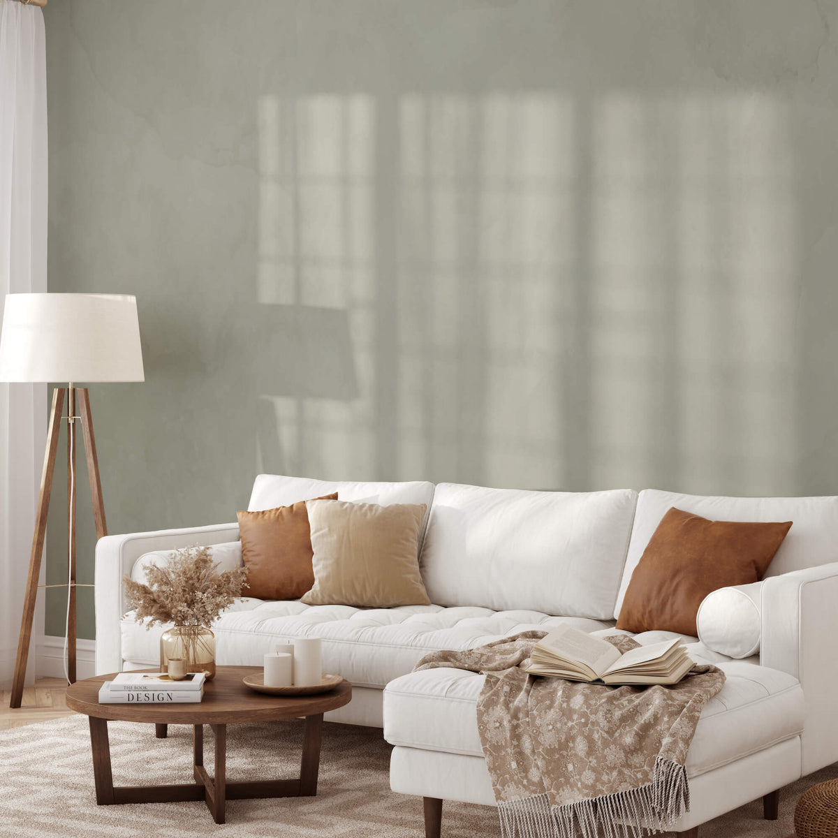 Green grey Australian limewash paint in modern lounge room