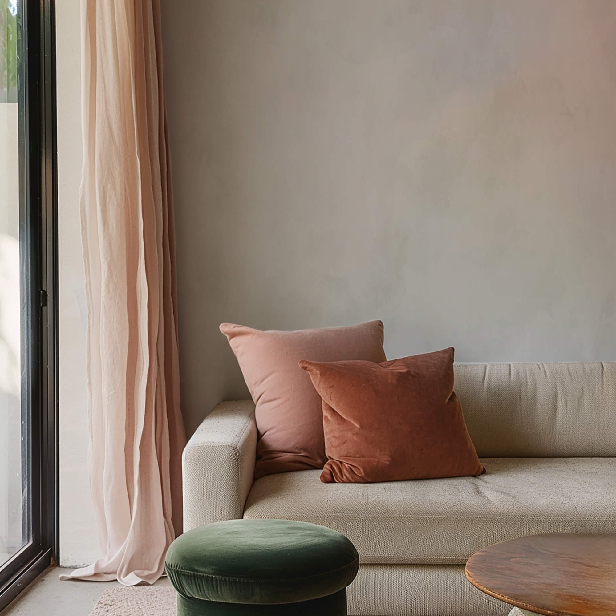 Warm limewash paint in contemporary lounge room