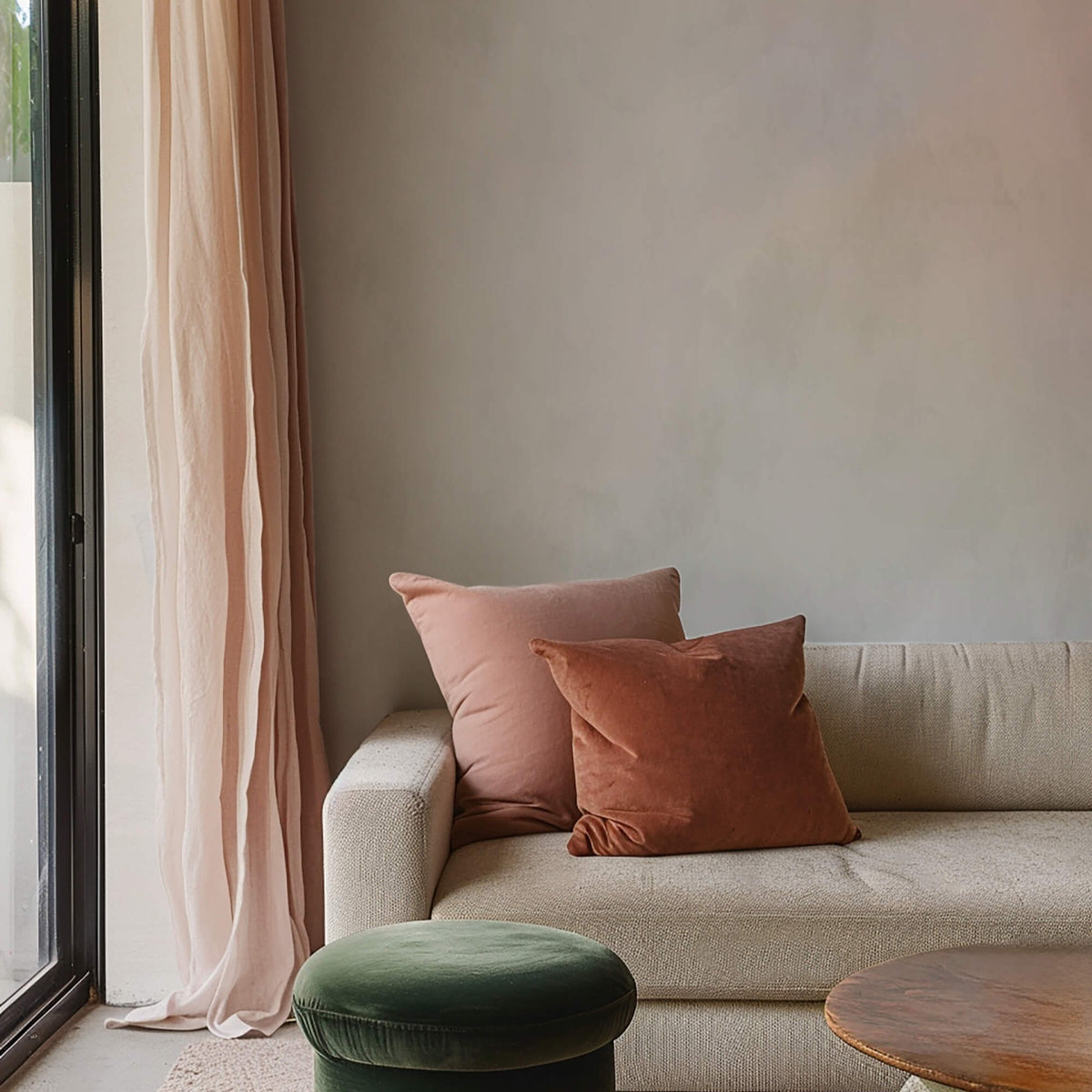 Warm limewash paint in contemporary lounge room