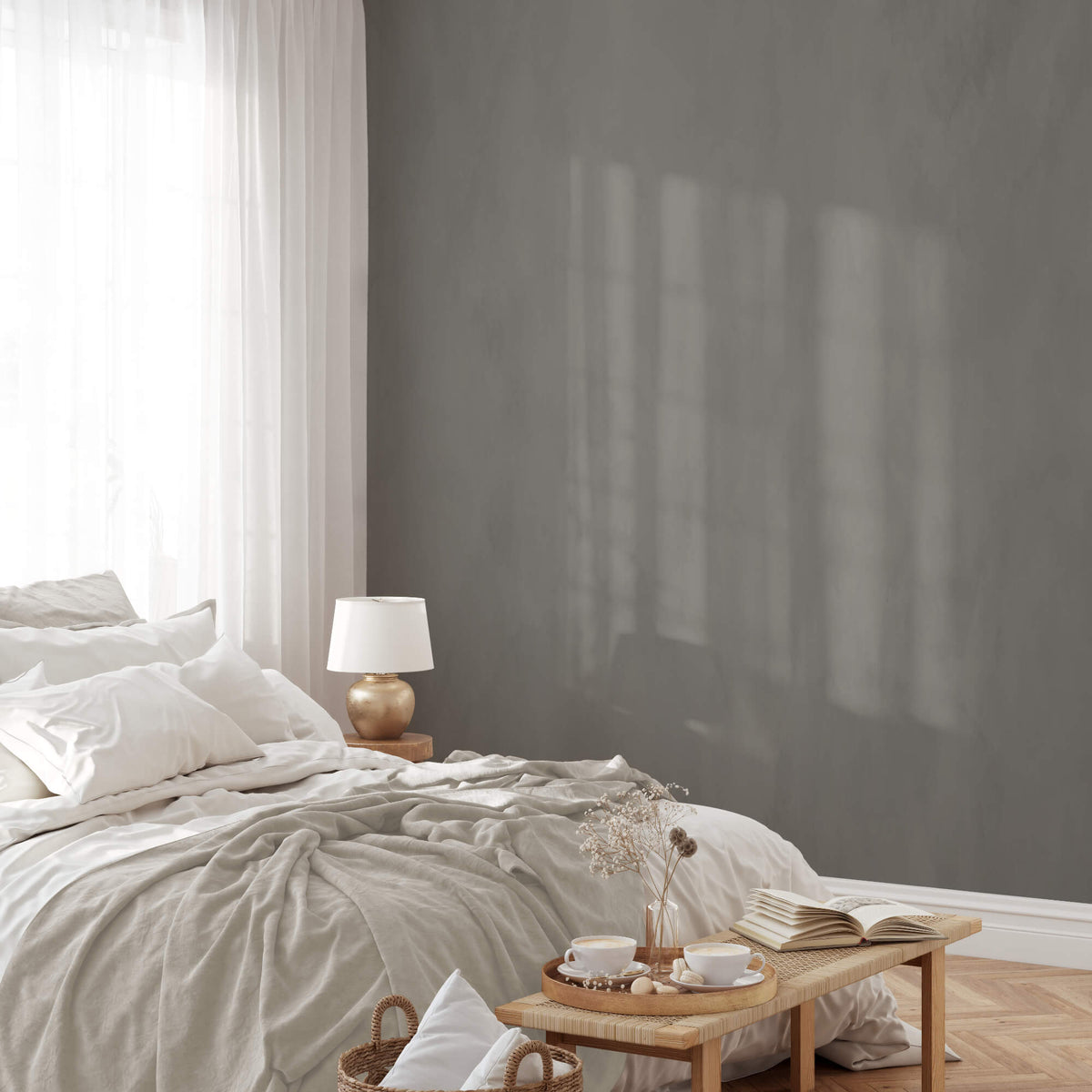 Moody limewash paint in modern bedroom