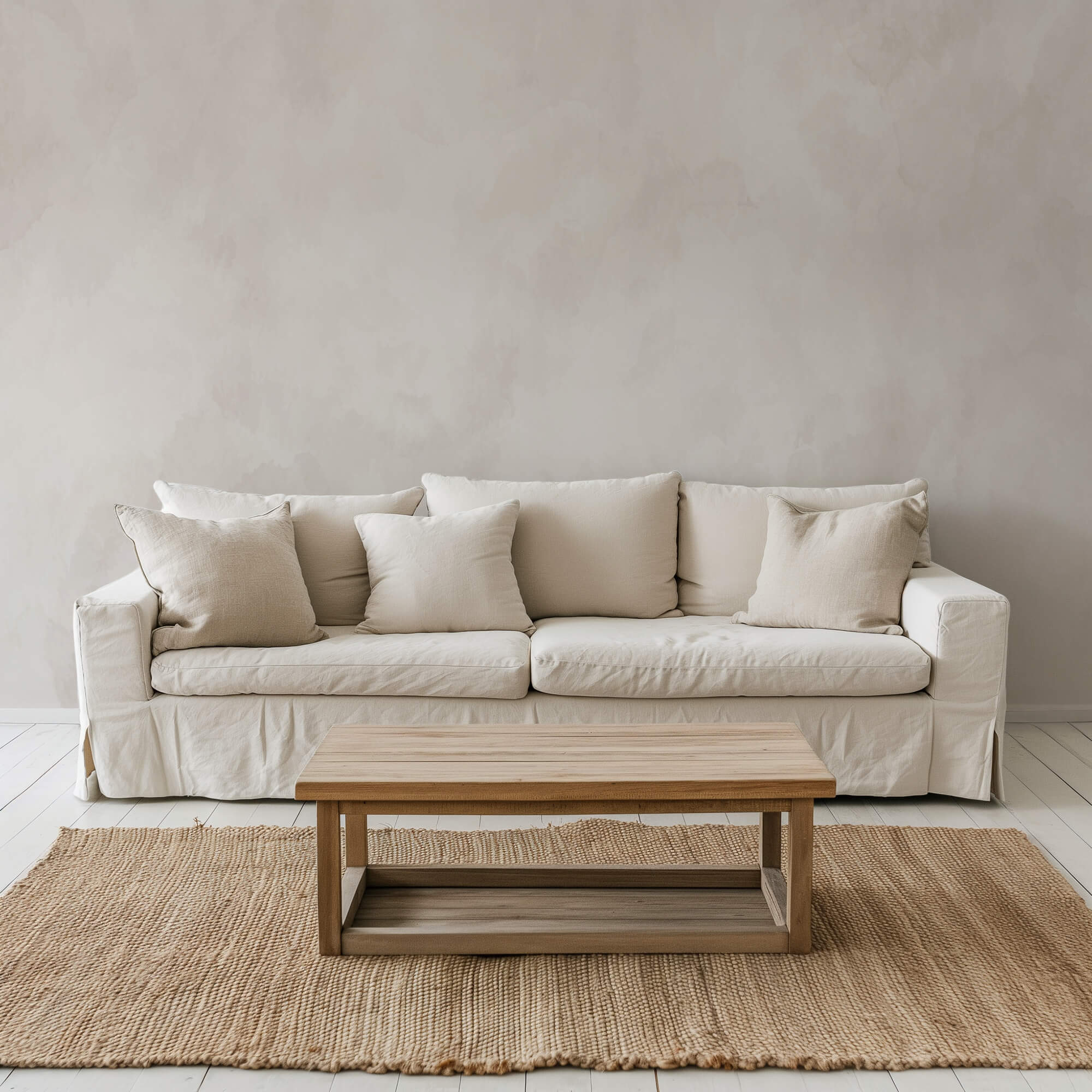 Neutral greige limewash paint in lounge room with couch and table