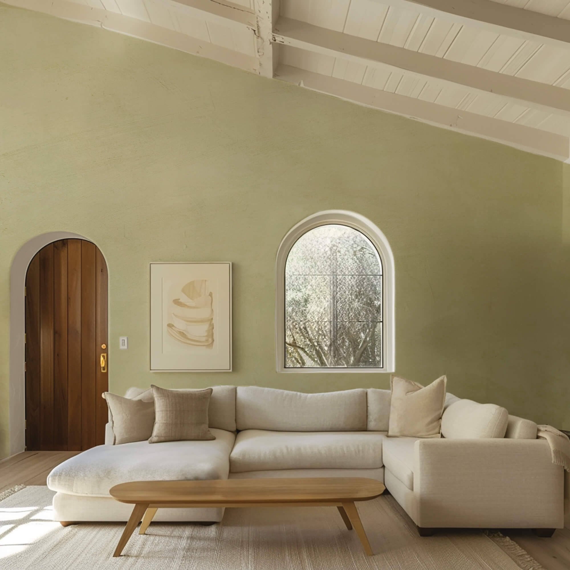 Bright green airy limewash paint in loungeroom