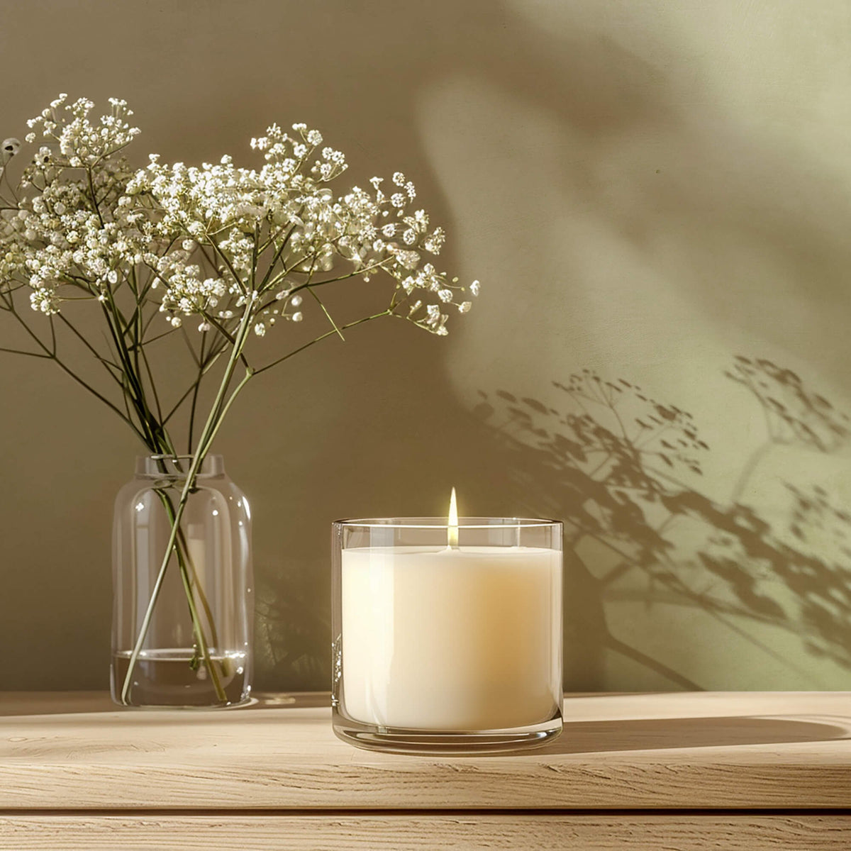 Australian bright green airy limewash paint with candle and flowers on table
