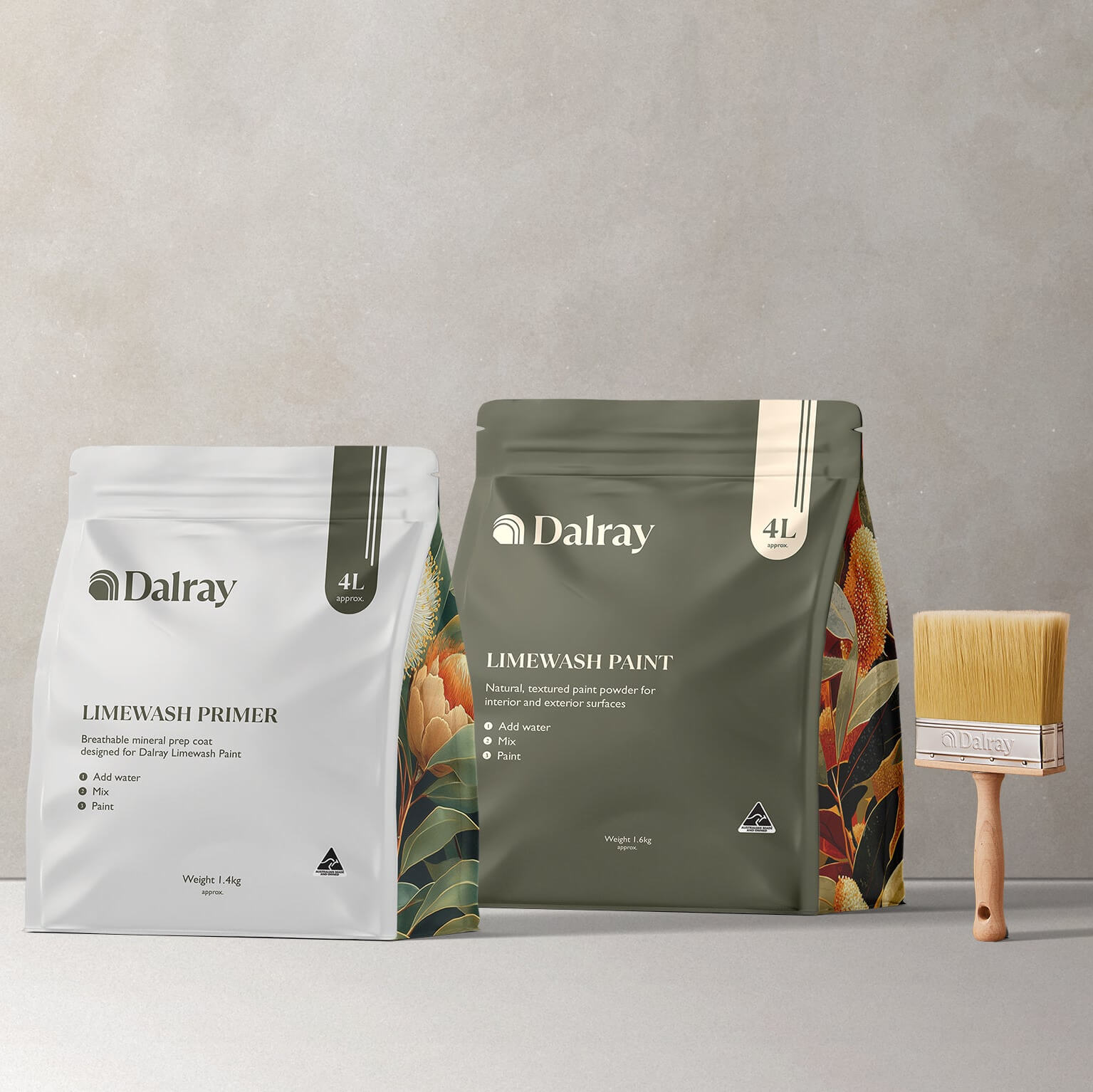 Australian limewash paint and primer packages to buy by Dalray with a brush on a neutral background