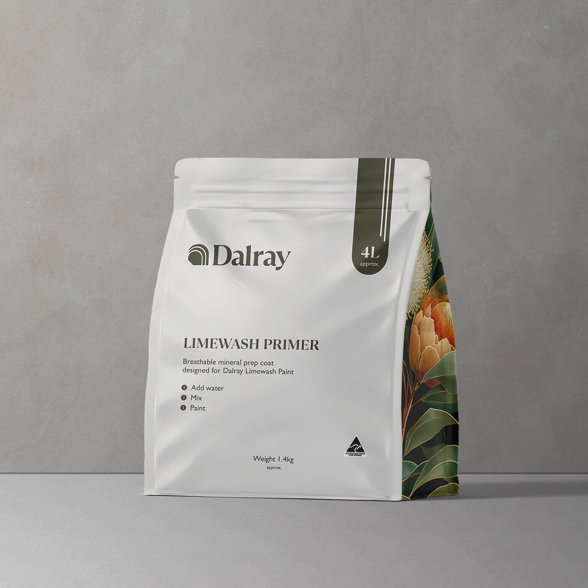 Australian Limewash Primer packaging to buy by Dalray on a gray background