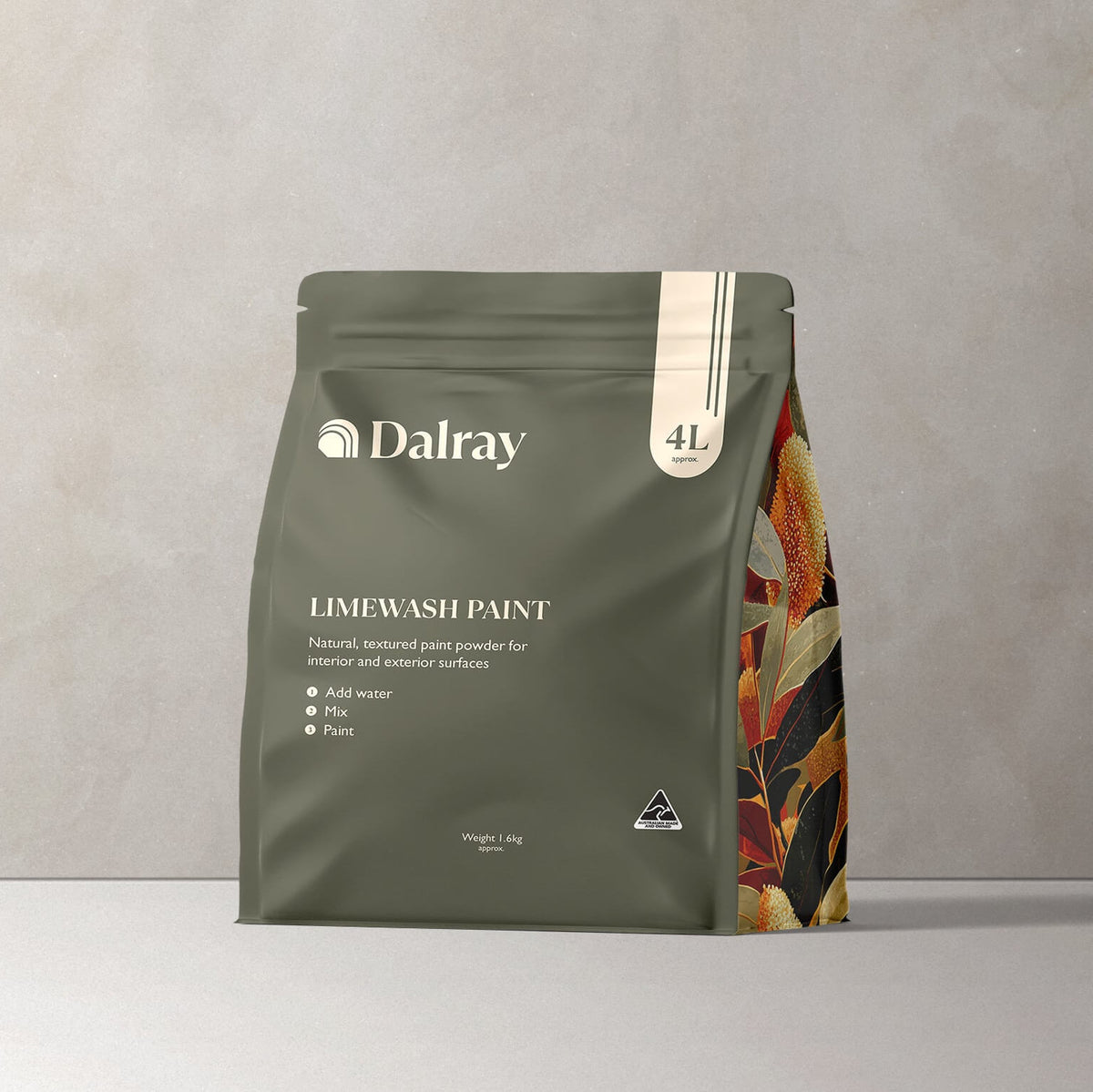 Australian limewash paint package to buy by Dalray on a gray limewash background