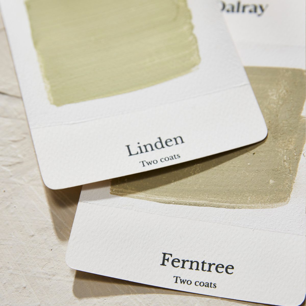 Two paint swatch cards labeled 'Linden' and 'Ferntree' with textured beige-green and forest green limewash paint swatches, photographed on a light surface.