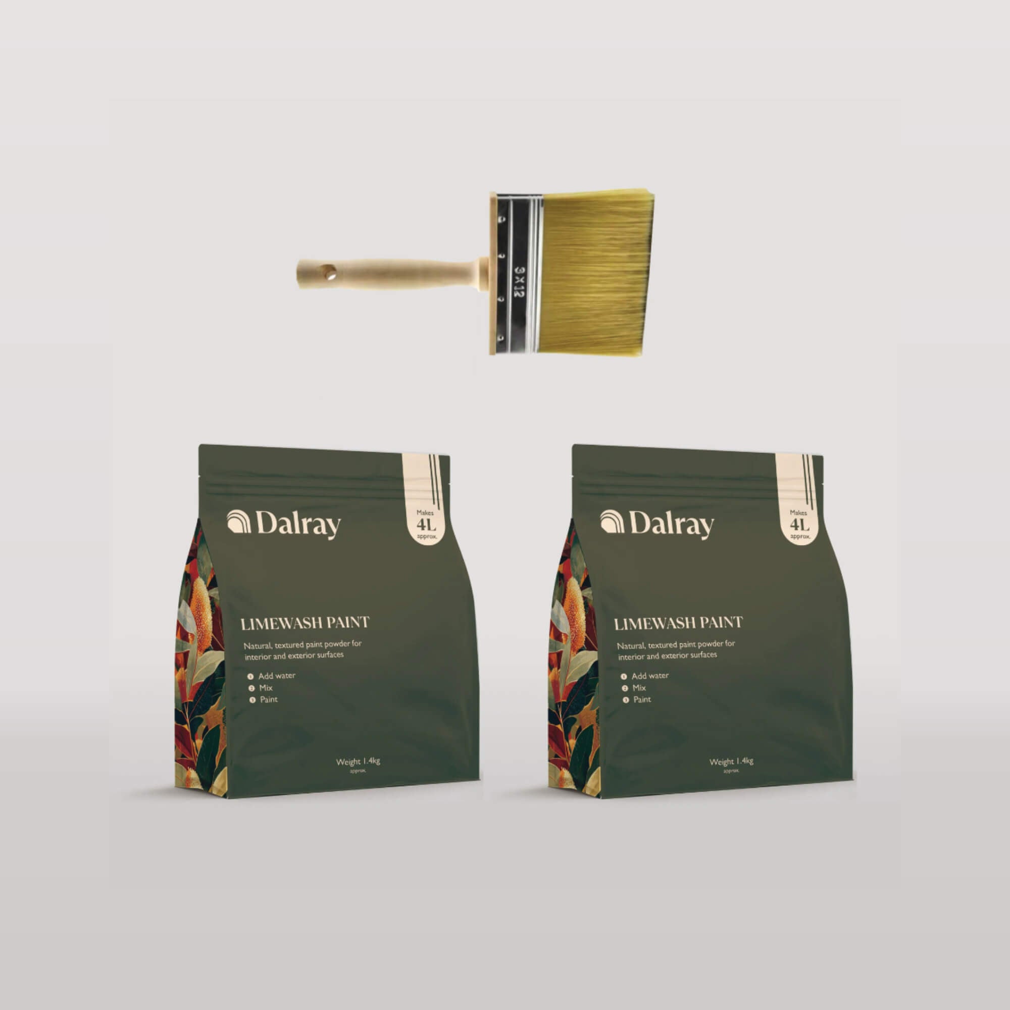 Two packets of Dalray limewash paint and a block brush paint brush