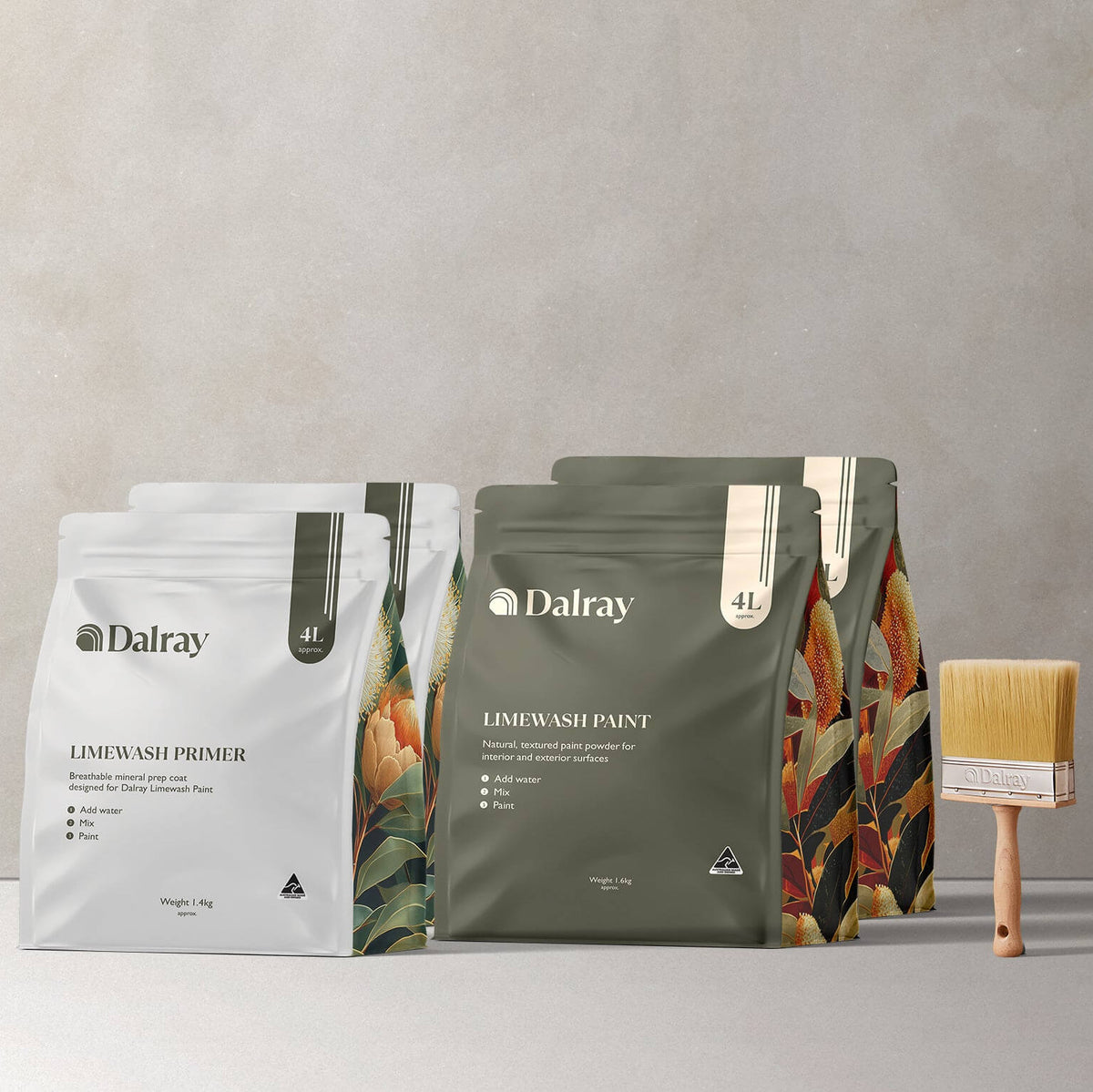 Australian limewash paint and primer packages to buy by Dalray with a brush on a neutral background