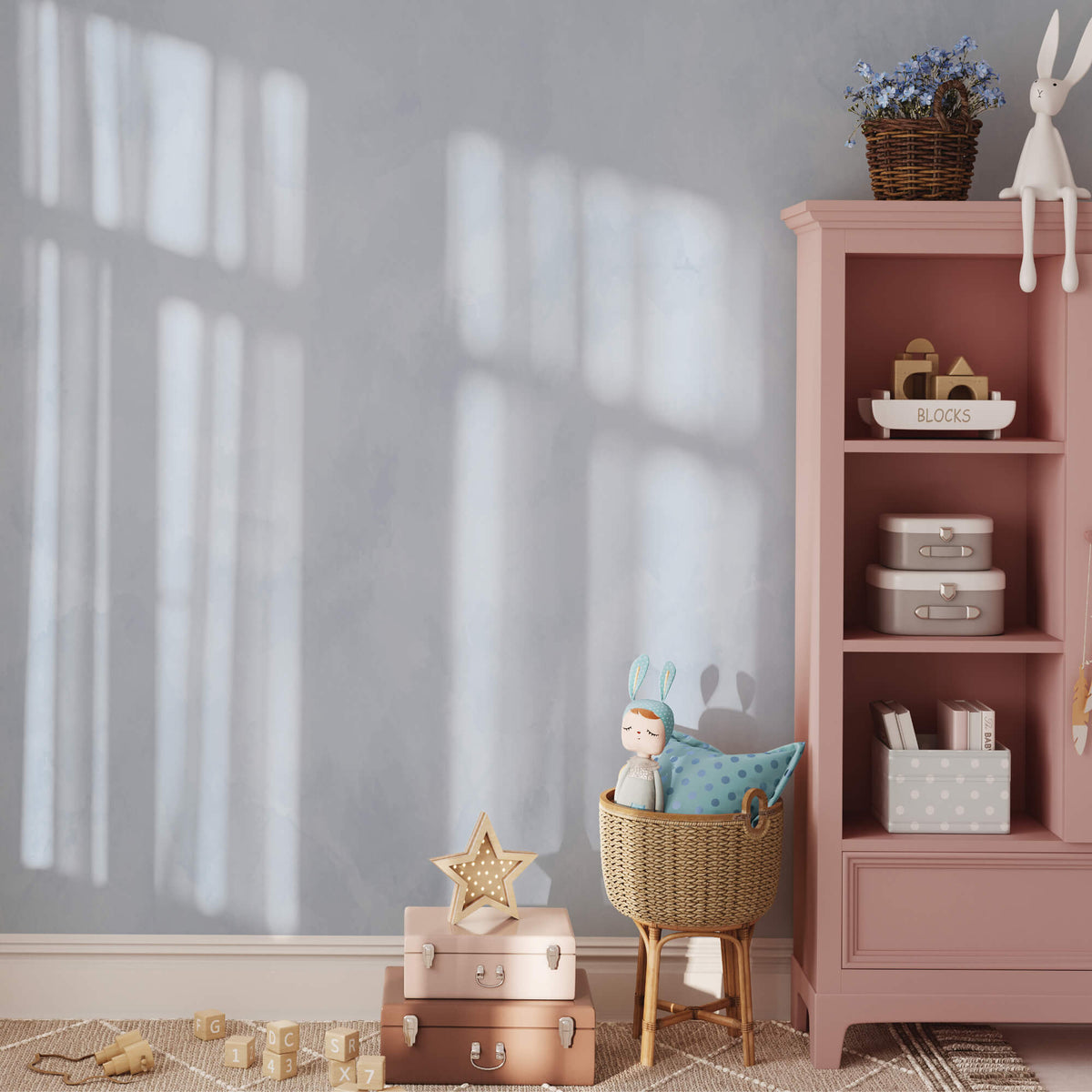 Blue airy limewash paint in child's bedroom with closet