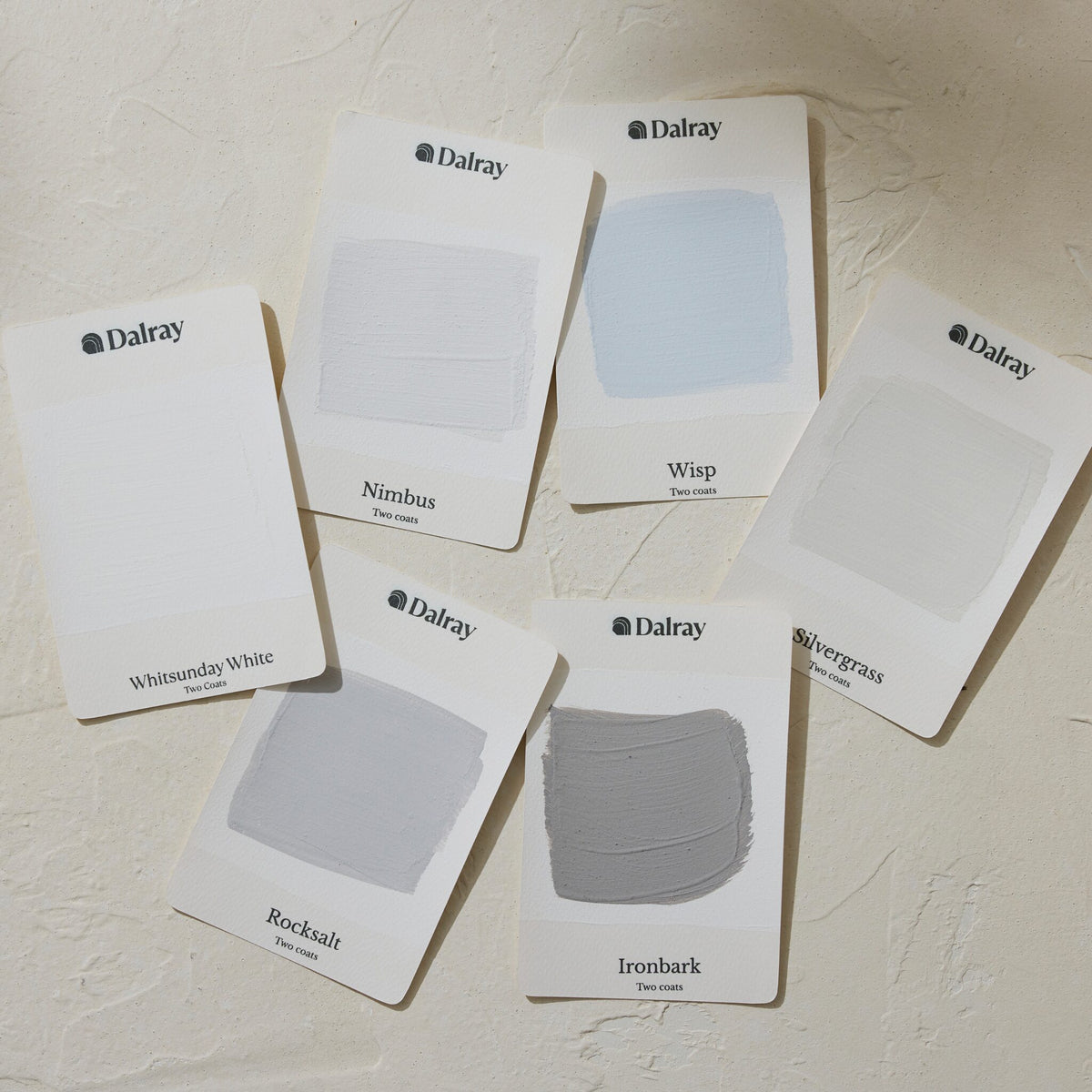 Six Dalray cool toned limewash paint colour A6 swatch cards arranged on a textured off-white surface, showing shades labeled Whitewashed White, Nimbus, Wisp, Silvergrass, Rocksalt, and Ironbark.