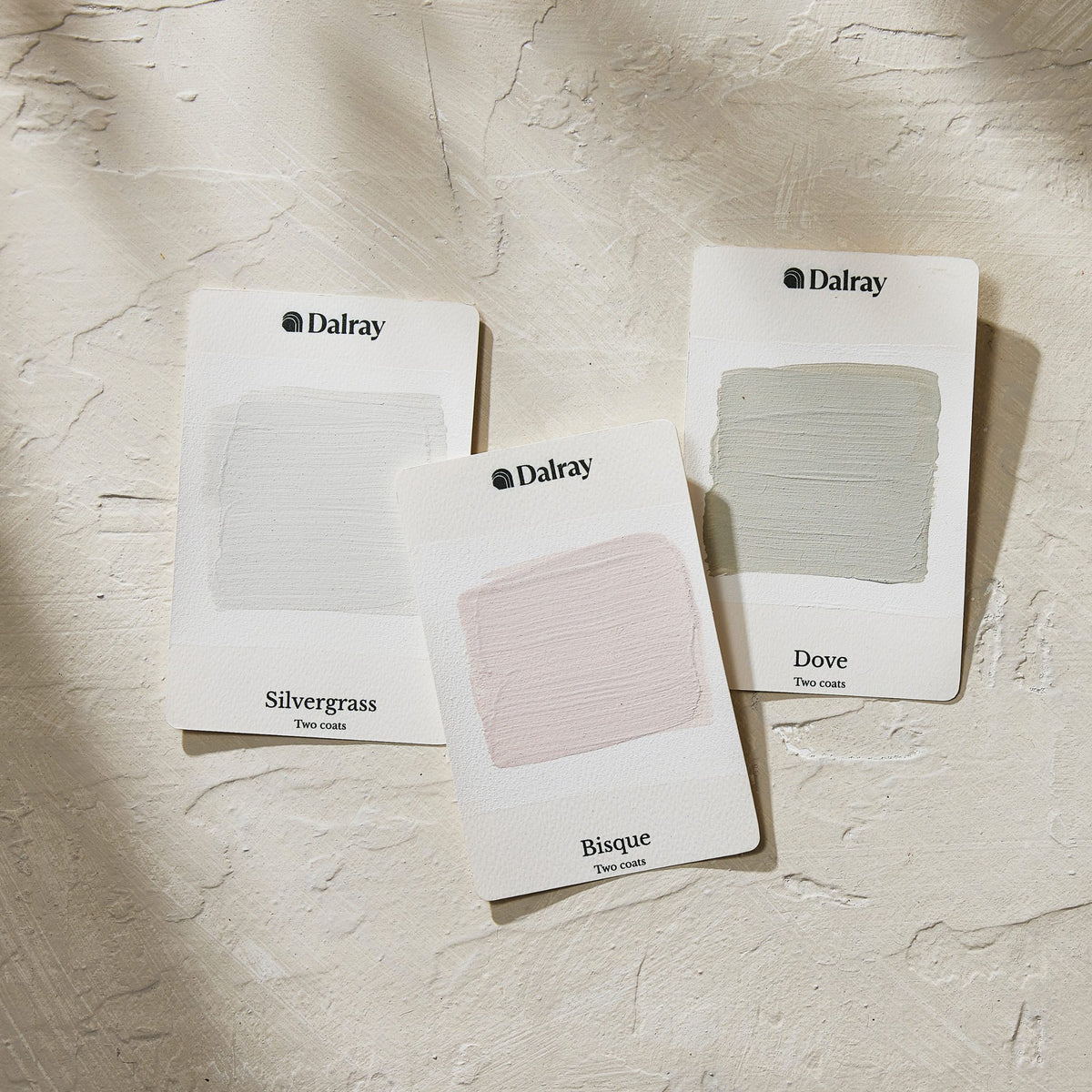 Three Dalray limewash paint colour cards labeled Silvergrass, Dove, and Bisque, arranged on a textured off-white surface with soft shadows.