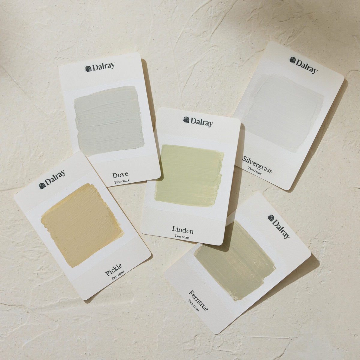 Six Dalray A6 australian limewash paint swatch cards arranged on a textured off-white surface, showing muted green neutral shades labeled Dove, Linden, Pickle, Ferntree, Silvergrass.