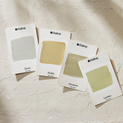 Four Dalray paint A6 limewash swatch cards labeled Dove, Pickle, Ferntree, and Linden, arranged on a textured off-white surface with soft shadows.