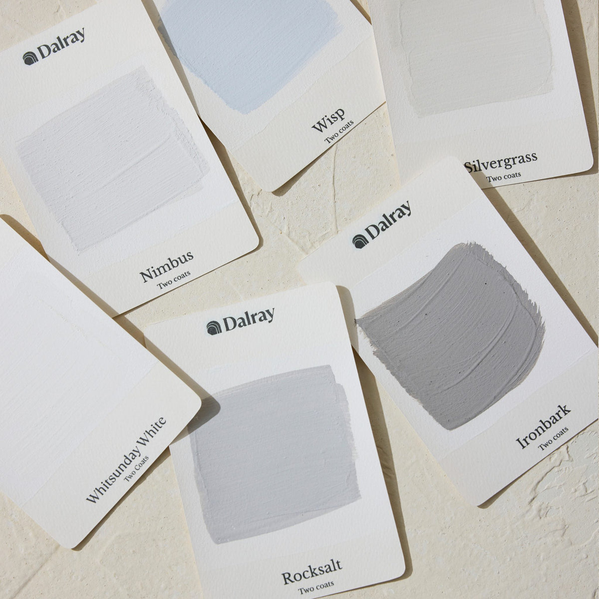 Six Dalray paint limewash australia colour cards arranged on a light textured surface, showing swatches and names including Nimbus, Wisp, Silvergrass, Windswept White, Rocksalt, and Ironbark.