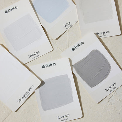 Six Dalray paint limewash australia colour cards arranged on a light textured surface, showing swatches and names including Nimbus, Wisp, Silvergrass, Windswept White, Rocksalt, and Ironbark.