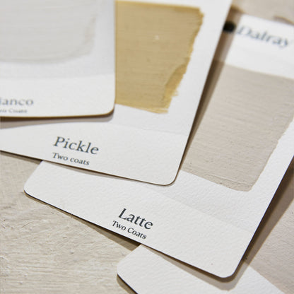 Several limewash paint color sample cards are arranged on a light surface. Visible labels include Blanco, Pickle, Latte, and Dalrym, with some showing neutral colours and pickle showing a mustard colour