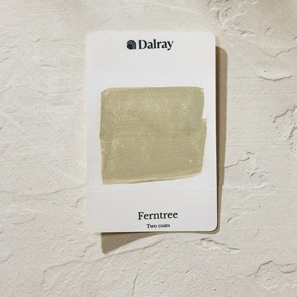 A Dalray paint swatch card labeled 'Ferntree' showing a muted forest sage green color swatch on a textured off-white background.
