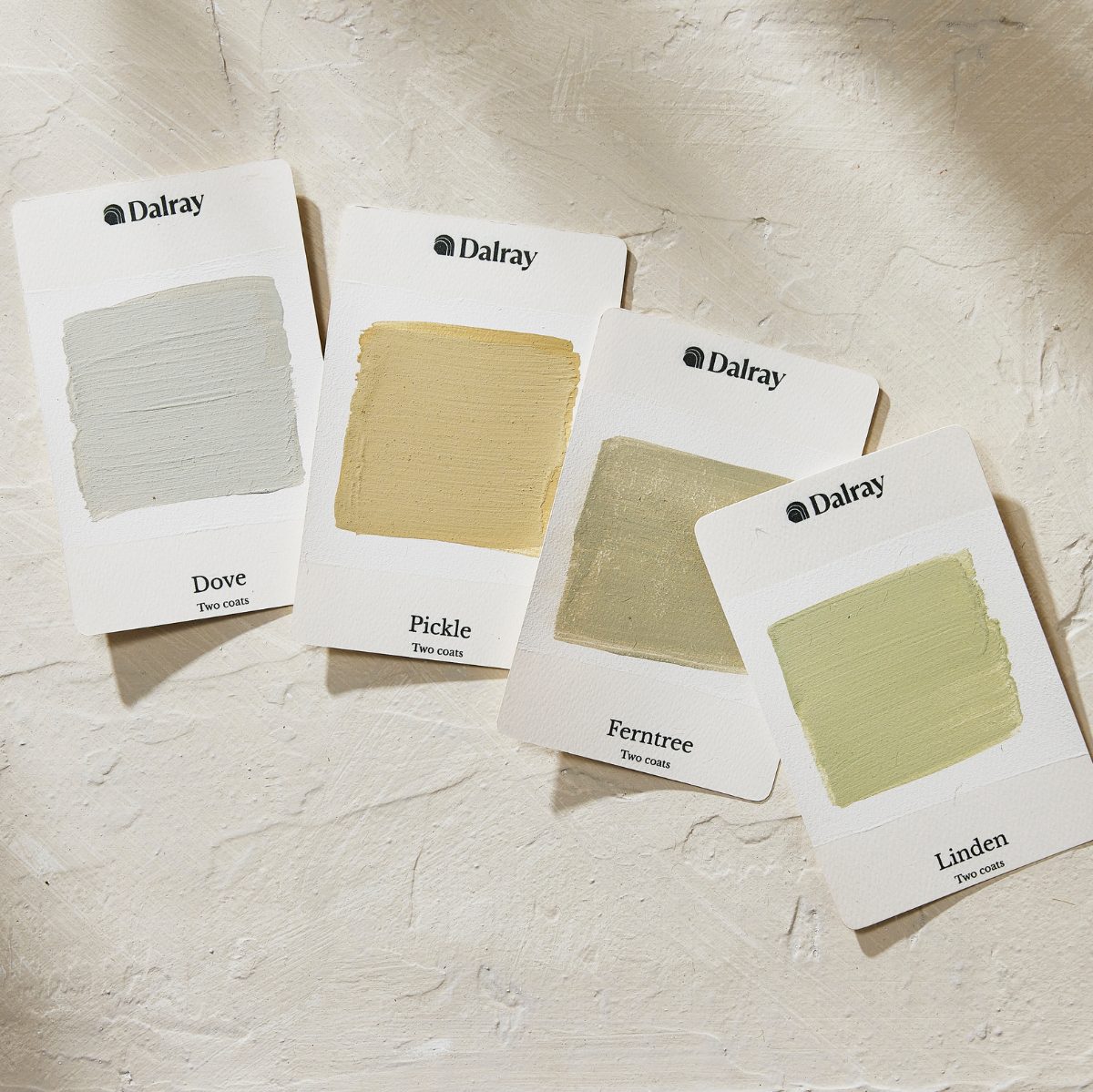 Four Dalray limewash paint swatch cards labeled Dove, Pickle, Ferntree, and Linden, arranged on a textured off-white surface with soft shadows.