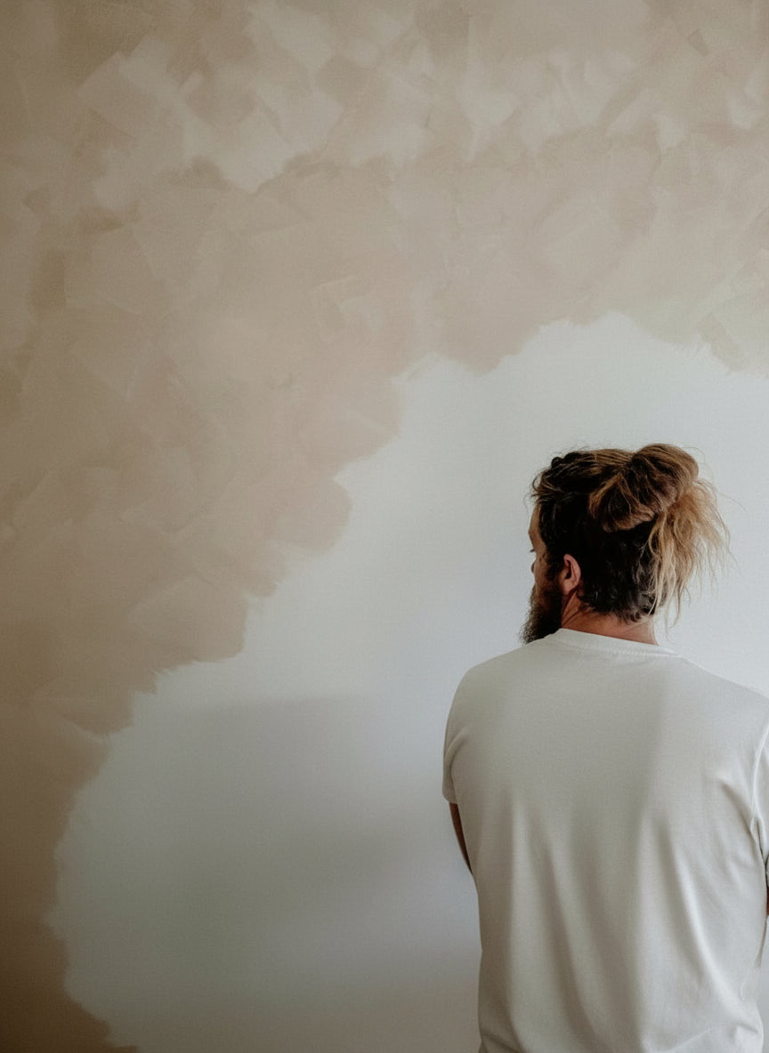 Person painting with limewash paint and block brush
