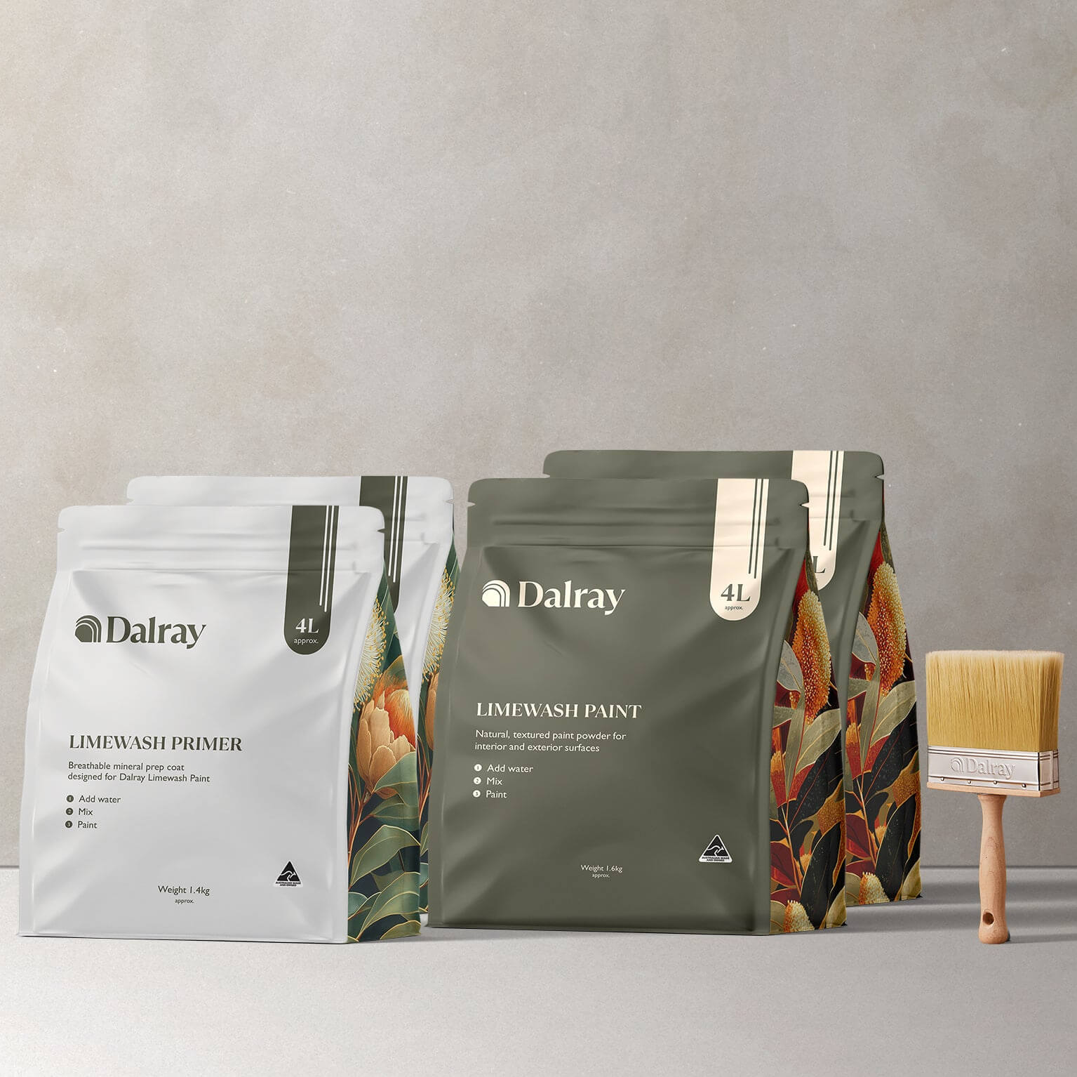Australian limewash paint and primer packages to buy by Dalray with a brush on a neutral background